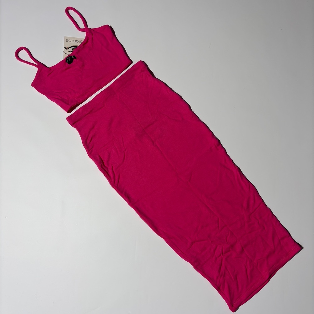 Naked Wardrobe Hot Pink Crop Top and Skirt Set